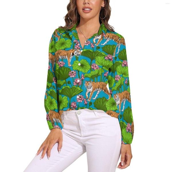 Chemisiers pour femmes Chemisier à imprimé tigre Le motif de bureau Lotus rose Chemises Streetwear pour femmes Printemps Haut à manches longues surdimensionné