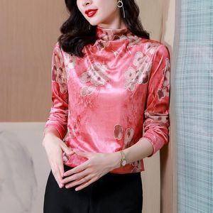 Blouzen voor dames tingyili bloemenprint roze groene coltrui fluwelen blouse dames lente herfst basis slanke lange mouw tops Koreaanse mode