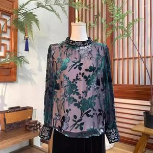 Blouses Femmes Haut de gamme Femmes Style Chinois Soie Jacquard Col Montant Chemisier À Manches Longues Dame Élégante Tous Les Maths Velours Pull Chemise Manteau