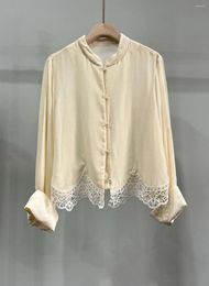 Damesblouses Top-end damesmode Chinese stijl zijde lange mouw losse blouse elegante dame fluwelen kant patchwork tops met enkele rij knopen