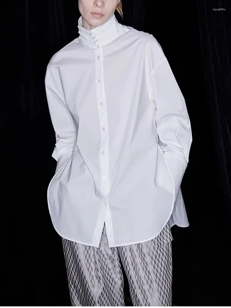 Blusas de mujer de gama alta, moda para mujer, estilo chino, blusa de algodón de manga larga, camisa elegante para mujer que combina con todo con un solo pecho y cuello levantado