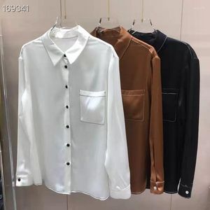 Blouses pour femmes Top qualité soie 2023 printemps été Style femmes couleur bloc couture poitrine poche élégant blanc marron noir chemises OL