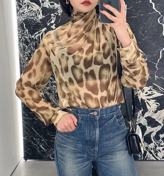 Blusas de mujer Top Calidad Moda Mujer Real Seda Leopardo Impreso Cuello alto Manga larga Slim Sexy Lady Sheer Mesh Forro Camiseta