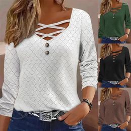 Blouses Femmes Top Femmes 2024 Summer Fashion Eyelet Broderie Dentelle Patch Boutonné Casual Col V Manches Longues Plain Quotidien T-shirt Y2K