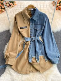 Damesblouses Top Dames Herfstmode Koreaanse tailleband Onregelmatig overhemdjack Denim Vintage montagekleding Elegante jeugdvrouw