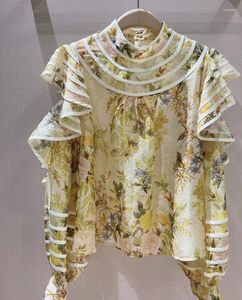 Blouses voor dames tops modeontwerper 2023 lente zomer shirts vrouwen blijven nek gele bloemenprints lange mouw casual zijde linnen