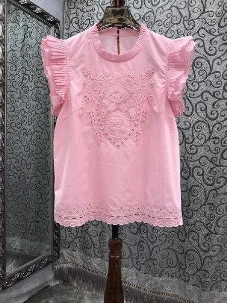 Blusas para mujer, Tops de diseñador a la moda, Primavera Verano 2024, algodón, bordado lujoso, manga con volantes, color albaricoque y rosa para mujer