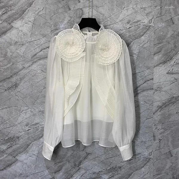 Blouses pour femmes Tops Designer de mode 2024 Printemps Été Chemise Femmes Appliques Fleur Déco À Manches Longues Blanc Vin Rouge Rose