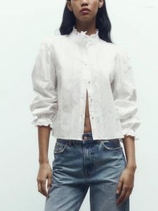 Blusas de mujer, Tops, camisas, ropa de moda para mujer, camisa bordada calada de manga larga con volantes, cuello redondo abotonada, blanco, 2023