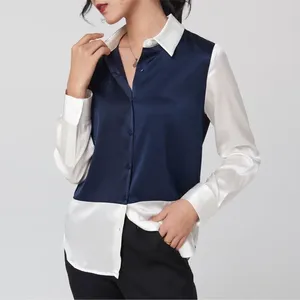 Blouses voor dames bovenaan Silk Floral Office Formele Casual Drail Shirts plus grote maat Spring Summer Sexy Haut Femme Blue Wit