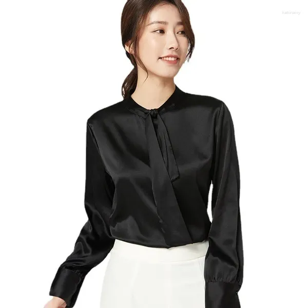 Blouses pour femmes Tops Silk Floral Office Formelle Casual Robe Shirts plus grande taille Spring Summer Sexy Haut Femme Black Bowtie