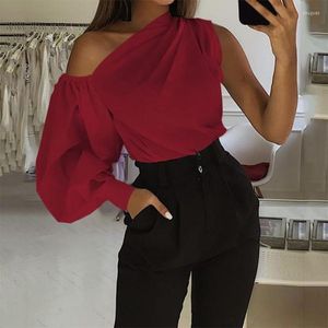 Women's Blouses Tops Women 2023 Trendy mode diagonaal schouderhemd asymmetrisch links rechter een mouw losse dunne casual pullover blouse