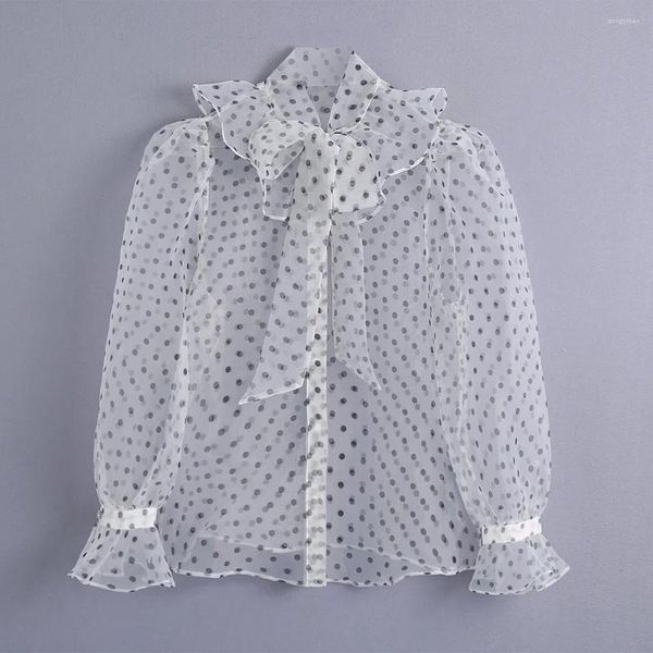 Blouses Femmes Tops Femmes 2024 Manches Longues Ballon Polka Dot Semi Sheer Chemises Sexy À Volants Col Boutonné Tulle Blouse Chemise Top