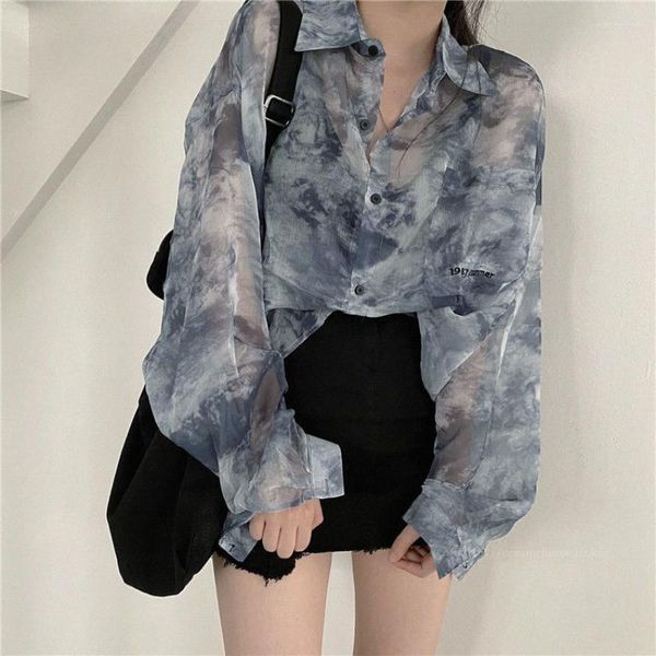 Blusas de mujer Tops Mujeres Sexy Mesh Sunscreen Short Navel Shirt Tie Dye Tee Blusa transparente Babes Pullover Y2K Street Wear Cool