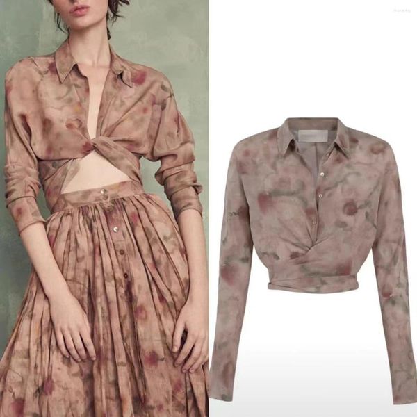 Blusas de mujer Totem Vintage estampado de rosas seda alta calidad otoño elegante aleteo cinturón nudo manga larga moda marca Mujer