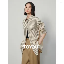 Blouses pour femmes Toyouth 2024 Chemises à rayures classiques Femme Femme Polo Polo-Neck Chemise de bureau à manches longues à manches longues à manches longues à manches longues à manches longues