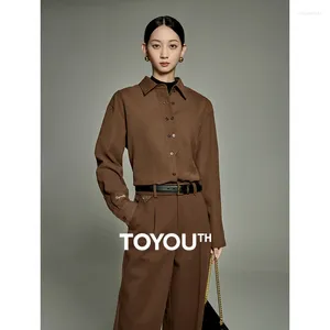 Women's Blouses Toyouth dames shirt 2024 Autumn Long Sleeve Polo Neck Loose Blouse Asymmetric Placket Fashion Commute Coffee Warme Tops