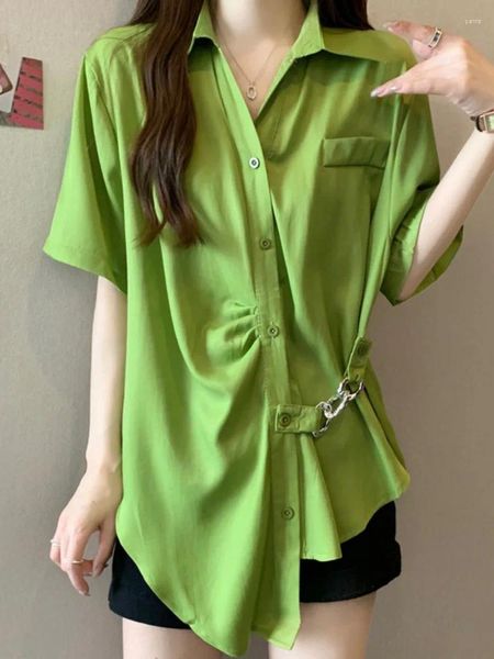 Blouses Femmes TPJB Asymétrique Simple Boutonnage Vert Chemise Pour Femmes Mode À Manches Courtes Bandage Boucle En Métal Grande Taille Chemisier D'été