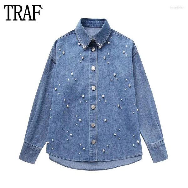 Blusas de mujer TRAF 2024 Camisas de mezclilla azul para mujer Perlas de imitación Camisa larga Mujer Cuello abotonado y manga
