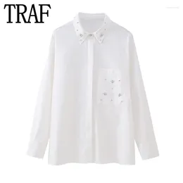 Blusas de mujer TRAF 2024 Camisa blanca con diamantes de imitación Mujer con cuello abotonada hasta mujer elegante y joven Otoño Top de manga larga