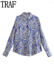 Blouses pour femmes TRAF imprimé Satin Blouse femme bleu boutonné chemise femmes printemps chemises asymétriques et pour haut à manches longues