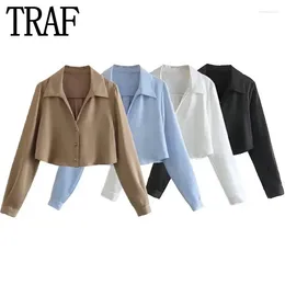 Blouses pour femmes TRAF Satin chemise courte femme manches longues haut court femme automne bleu noir blanc chemisier élégant Social