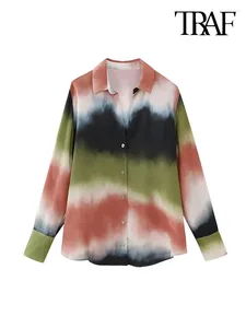 Blouses Femmes TRAF Femmes Mode Tie-Dye Imprimer Chemises Vintage Manches Longues Bouton-Up Femme Blusas Chic Tops