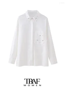 Damesblouses TRAF Damesmode met strass poplin overhemden Vintage lange mouwen met knopen Vrouwelijke Blusas Chique tops