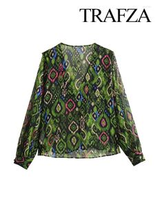 Dames blouses trafza 2023 herfst vrouwen lange mouw elegante print blouse transparante tops ruche shirt vrouw semi -knoop omhoog