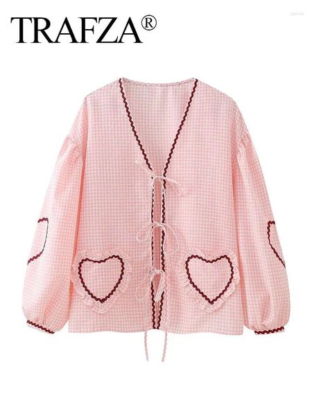 Blusas para mujeres Trafza 2024 Mujer casual de mangas largas BLUSIÓN Lady Top Women Plaid Print Aut Bow Lace Up Love pliegues Decorar camisas