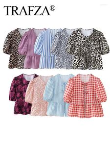 Blouses pour femmes Trafza Shirts imprimés vintage décontractés O Lage de cou 2024 Spring Short Puff Sleeves Top Chic Bow Tie Fashion Summer Blouse