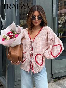 Blouses pour femmes Trafza Sweet Plaid Print Shirt for Women Fashion Hollow Out Lace Up Femme Spring Summer Streetwear Love Pocket Lady Blouse