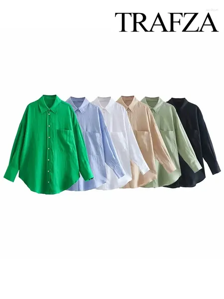 Blouses pour femmes Trafza Femmes Vintage Office Dames avec des chemises en lin surdimensionnées Pocket