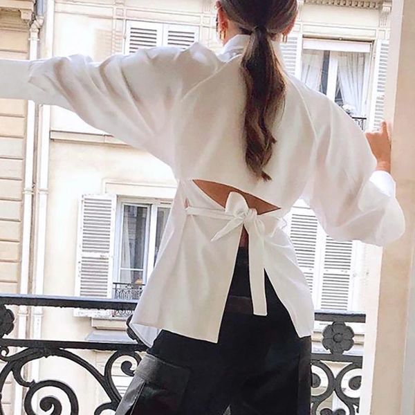 Blouses Femmes Tendance Sexy Évidé Chemisier À Manches Longues Femmes Bouton Solide Revers Chemise De Banlieue Printemps Automne À Lacets Bow Design Dos Nu