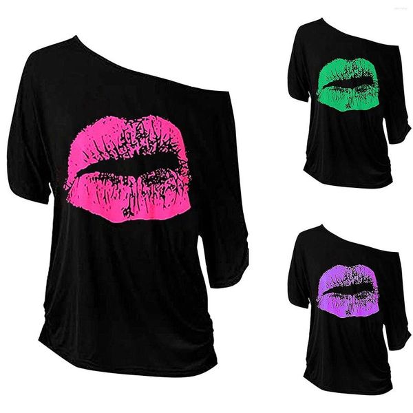 Blusas de mujer Tops de moda Chicas adolescentes Mujeres Casual Sexy Mangas irregulares Estampado de labios Camiseta con hombros descubiertos Camiseta de manga larga y camisetas Top de algodón