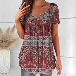 Women's Blouses Trendy Tunic Top V-Neck Quick Drying Women Retro Floral Print T-Shirt 3D Cutting Summer Tops Daily Garment