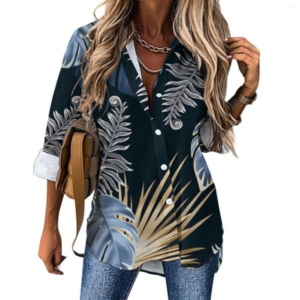 Chemisier femme plante tropicale chemisier ample feuilles foncées décontracté surdimensionné femme manches longues Vintage chemise printemps motif haut