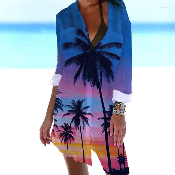 Blusas de mujer, Blusa con paisaje tropical, moda bohemia hawaiana, Blusa larga con botones, camisa de oficina, protector solar informal para vacaciones