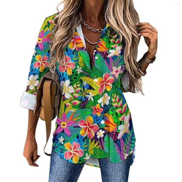 Chemisiers pour femmes Blouse décontractée à fleurs tropicales à manches longues Fleurs colorées Rétro Dame Chemise ample surdimensionnée Hauts personnalisés Cadeau d'anniversaire