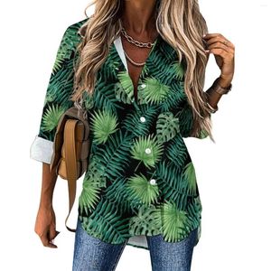 Damesblouses Tropisch palmblad Losse blouse Groene print Casual Oversized Dames Esthetisch shirt met lange mouwen Grafische kleding