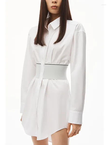 Blusas de mujer Mini vestido camisero con cuello vuelto 2024 Principios de otoño Costura elástica Cinturón con logotipo Señoras Bata de manga larga con un solo pecho