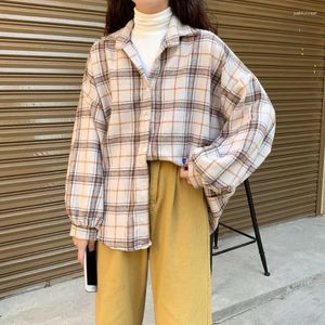 Blusas de mujer, camisa con cuello vuelto, a cuadros, combina con todo, Harajuku, Top coreano, informal, de gran tamaño, con botones, manga de murciélago, ropa de calle