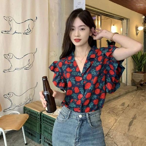 Blouses pour femmes remin-down Femme Flower Blouse Bouton Classic Bouton Up Spring Summer Sleeve Ruffle Shirt Red Rose Hawaii