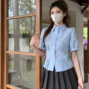 Blans des femmes Collier de relevé Shirts Shirts College Style Summer Cropped Chemit Blouse Lady Korean Folds Slim Fit Crops Tops