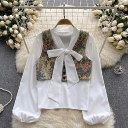 Blouses Femmes Deux pièces de Vintage O-Cou Bow Lacets à manches longues Femmes Chemises Automne Floral Print Polyvalent Femme Gilets Drop