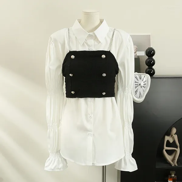 Blusas de mujer Conjunto de dos piezas Mujer Francés Chic Otoño Correa de espagueti Sling Chaleco Camisa Botón de doble botonadura Camisas Moda Gota