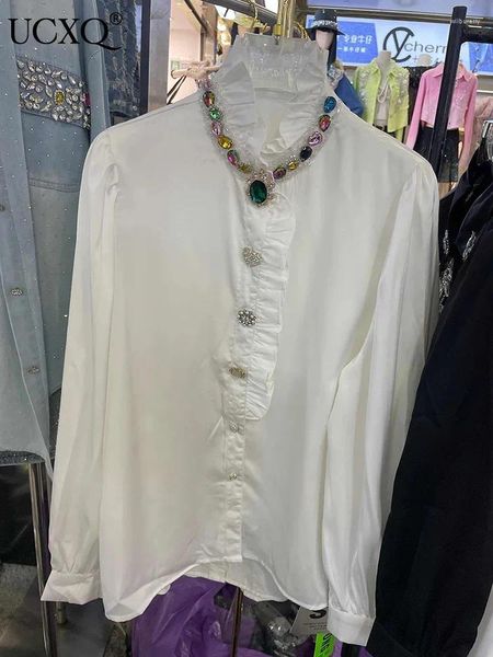 Blouses pour femmes UCXQ USE COLORED Diamond Fashion Single Breasted Tree Edge Edge Blouse White Top 2024 printemps 16U8197