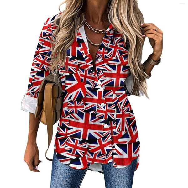 Blusas de mujer Blusa con banderas del Reino Unido Oficina de Inglaterra británica Gráfico Casual Camisas de moda urbana para mujer Ropa de gran tamaño de manga larga de verano