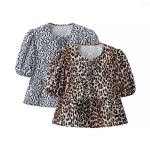Blouses pour femmes Unizer2024 Produit de printemps Style de mode Round Coule Lace Up Decoration Sweet Bubble Sleeves Short Shirt