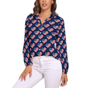 Blouses Femmes USA Drapeau Coeurs Blouse Lâche Patriotique Blanc Bleu Classique Surdimensionné Femmes À Manches Longues Chemises Modernes Haut Graphique D'été